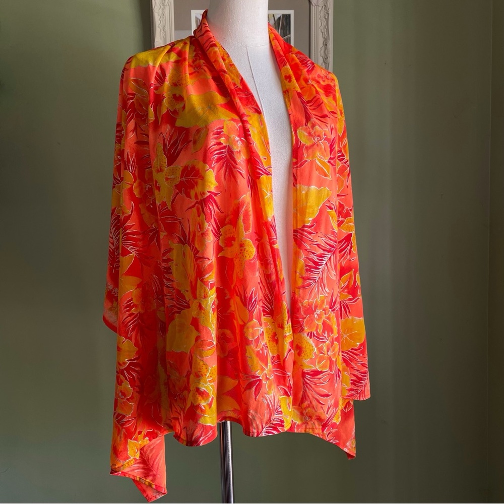 Vintage 90s Tara Grinna Vibrant Orange & Yellow Tropical Print Sarong Scarf Wrap
